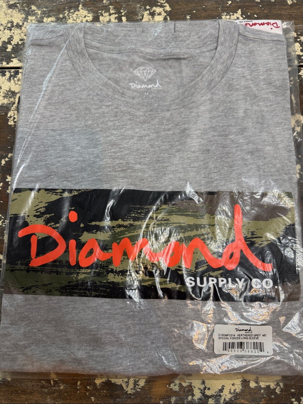 Diamond Supply Co. Heather Gray Long Sleeve Tee with Camo and Orange Logo